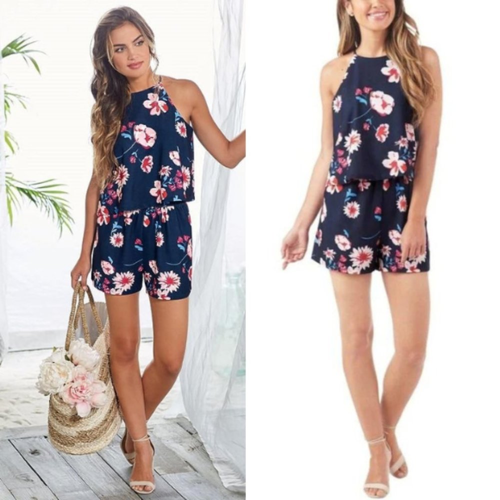 Mud Pie Palmer Floral Romper  Navy